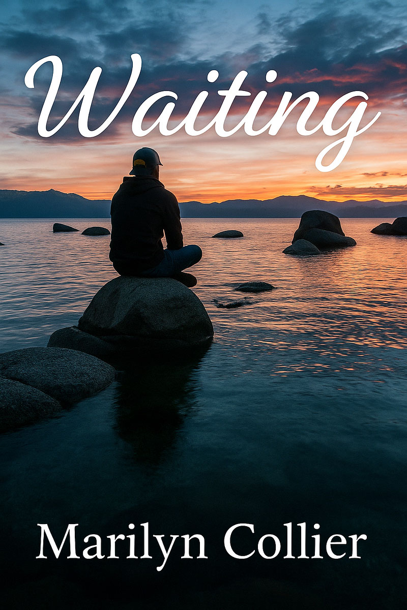 A man sitting on a rock over the water quitely waiting.