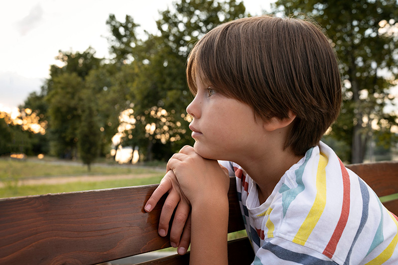 Little boy looking over a fence thinking.